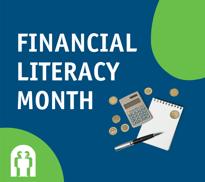 Title of Financial Literacy MOnth, coins and calculator and pen with a notepad. simple image of a graduate with a mortar board